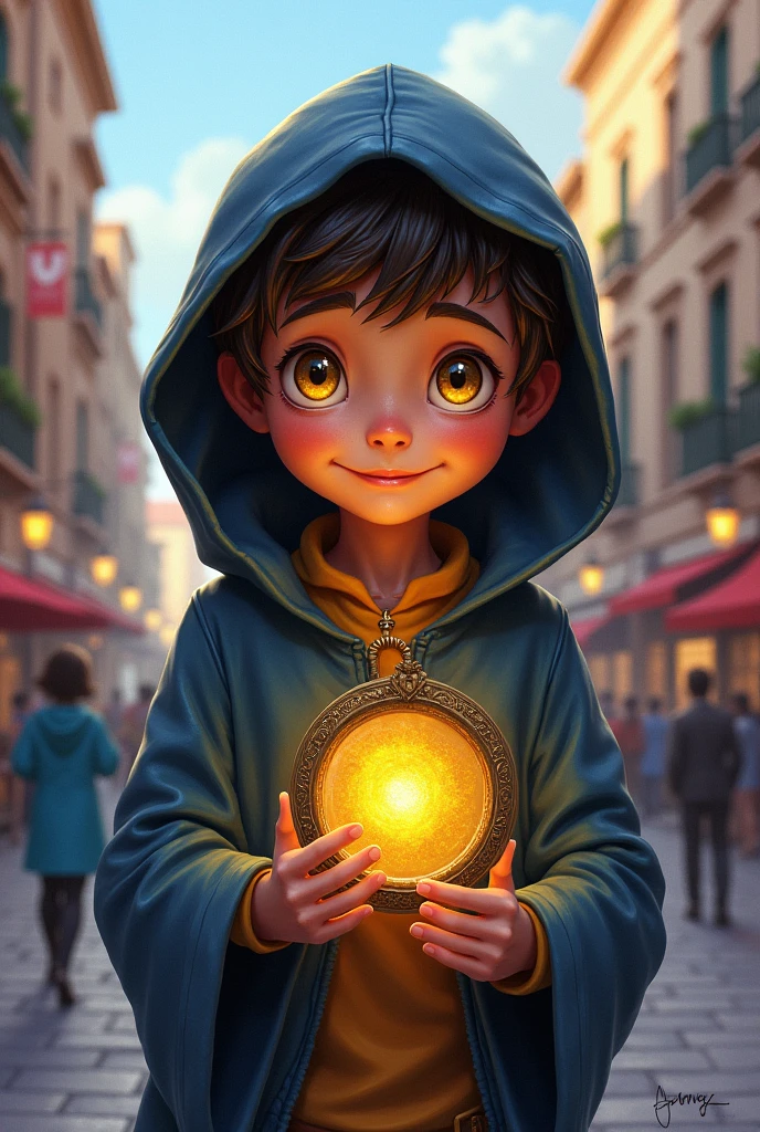 Drawing of a young and happy but hooded charlatan boy, with yellow colored eyes and mesmerizing, holding in his hands a small mirror in a busy city 
