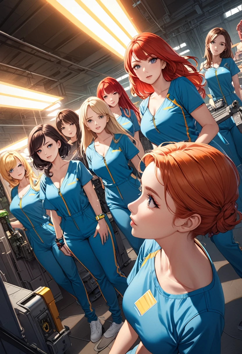 detailed illustration, dynamic angle, ultra-detailed, illustration, lots of women, 4girls, multiple girls, blonde, brunette, red head, long hair, short hair, and a PipBoy on her wrist, machinery, industrial, inside, florescent lights, teens, milfs, medium breasts, large breasts, cleavage, wearing blue jump suits with yellow zippers