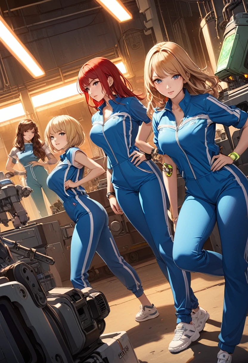 detailed illustration, dynamic angle, ultra-detailed, illustration, lots of women, 4girls, multiple girls, blonde, brunette, red head, long hair, short hair,  and a PipBoy on her wrist, machinery, industrial, inside, florescent lights, teens, milfs, medium breasts, large breasts, cleavage, wearing blue jump suits with yellow zippers