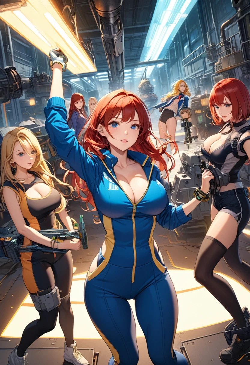 detailed illustration, dynamic angle, ultra-detailed, illustration, lots of women, 4girls, multiple girls, blonde, brunette, red head, long hair, short hair, and a PipBoy on her wrist, machinery, industrial, inside, florescent lights, s, milfs, medium breasts, large breasts, cleavage, wearing blue jump suits with yellow zippers