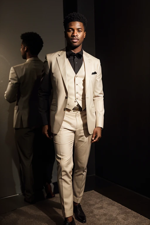 generate a picture of a rich black american wearing asemi-formal attire for an event with a minimal background ((whole body))