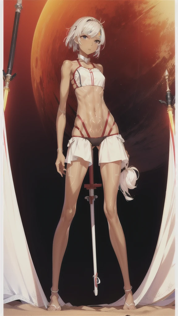 White short hair, dark skin, Flat-chested girl,slim figure,Face yarn,Red and white sports top,Bare waist,Tattoo,thong,Bare arms,Bare legs,barefoot,Scimitar,Standing,desert