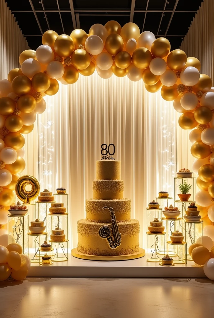 Large event venue wall decoration for an 80-year-old man's birthday in gold and white, including separate transparent cones like glass boxes filled with golden balloons, on the cones the little bites like empanadas, cupcakes, Additional alfajores is that a 3-story golden saxophone-themed cake, Also add lights on the wall in the form of a waterfall curtain, balloons as an arch on the left side with large numbers that say 80 years in the center that says happy birthday dad she with LED lights and that it is an equality between white and gold