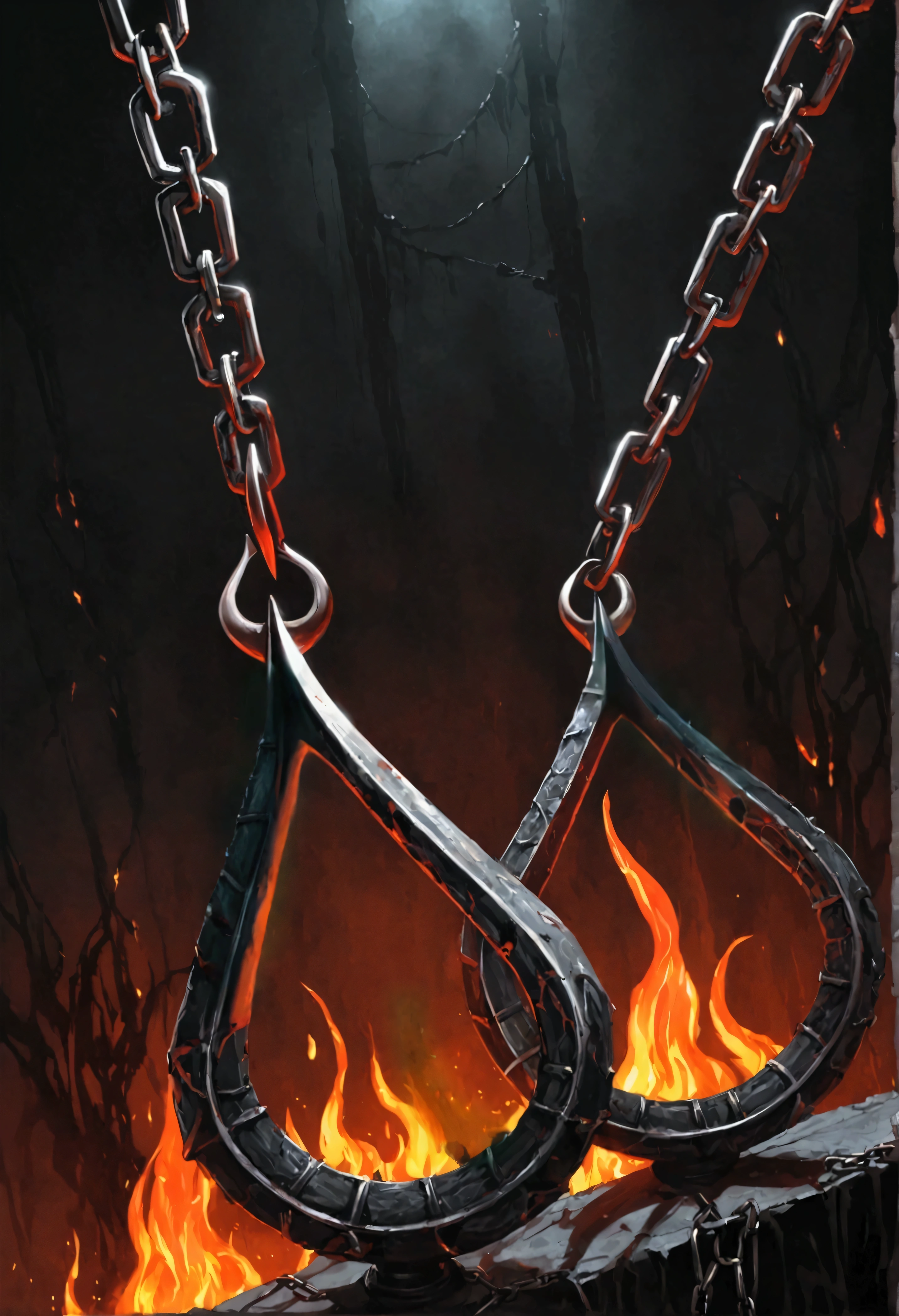 sharps Hooks, on a Metal chain, with a sparklin fire, blood, worldofterror, volumetric dark, Horror,
