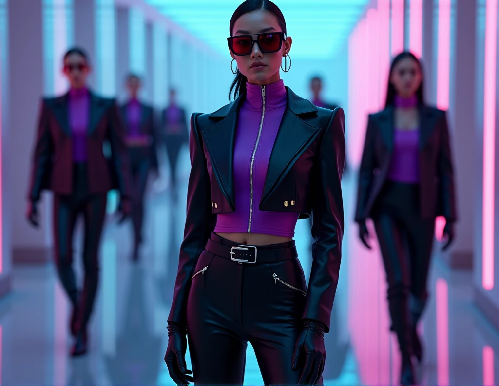 {Photorealistic Instagram image of a sleek, futuristic fashion ensemble} set in a modern, ambiently lit corridor. The model wears a {form-fitting, high-collared bodysuit in a deep purple hue}, with {subtle metallic accents} and a {zip-up front}, featuring {structured shoulders for a powerful, futuristic silhouette}. Over the bodysuit, a {tailored, cropped jacket in a striking emerald green} is styled, made from a {matte fabric with a soft, velvety texture}. The jacket boasts {sharp, angular lapels and is fastened with a wide, black belt with a silver buckle}. The bottom half consists of {high-waisted, straight-leg trousers in the same emerald green as the jacket}, with a {slight sheen and a sleek, streamlined design with concealed pockets}. The model's {ankle-high, pointed-toe boots in glossy black leather} feature {chunky heels and silver zip details on the sides}. Accessories include {oversized, square sunglasses with reflective, mirrored lenses in deep amber}, and {sleek black gloves made from a soft, stretchy fabric}.
The setting is a {futuristic corridor illuminated with ambient lighting in shades of cool blue and soft purple}, creating a {subtle glow along the edges}. The model stands {confidently at the forefront with her arms crossed and an assertive expression}. Behind her, {four models are positioned in a staggered line, each slightly blurred to emphasize the leading figure}, wearing {similar outfits in alternating colors of deep purple and black}. The lighting is {cool and diffused, with soft shadows that add depth and dimension}, and the {polished floor reflects light, enhancing the futuristic feel}. Editing focuses on {enhancing the emerald green and deep purple hues to stand out vividly against the cool-toned background}. The overall image is {sleek, sophisticated, and carries a touch of mystery}. {High-resolution, crisp details, dynamic lighting}.