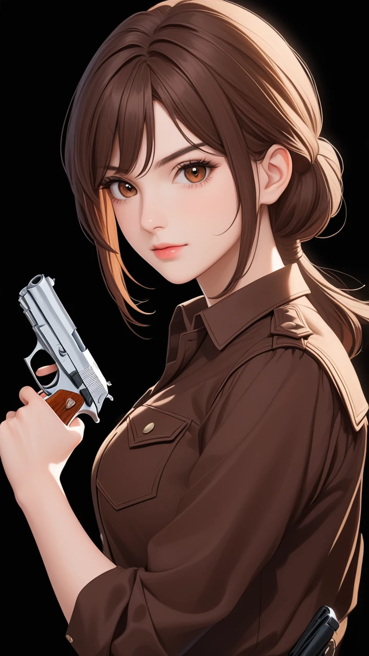 High quality image; black background; portrait; woman with medium brown hair on her shoulders, brown eyes; western face; age: 20 years old; Black holster shirt. pointing a pistol.