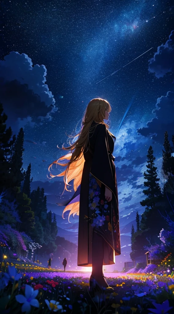 1people々々々々々々々々,Blonde long-haired woman,Long coat, Dress Silhouette, Rear View,Space Sky, Flower Field,Colorful flowers
