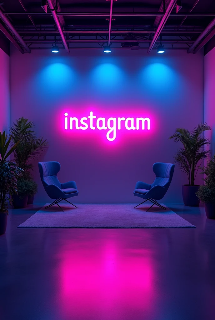 Create YouTube studio background with a modern and slee design. In the center of the background, display the name Instagram in bright neon lights with correct spelling. The neon lights should be in a vibrant color, such as electric blue or neon pink. Surround the neon text with subtle, complementary lighting and decor the enhances the studio aesthetic. The overall ambiance should be stylish, professional and inviting perfect for a YouTube content creators studio