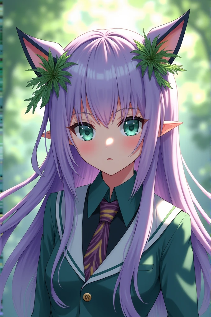 A girl with boku no hero features, She has long, very light purple hair and light aqua green eyes., her ears are pointy like tamaki amajiki's, make plants around it, because her individuality allows her to create and control plants. She is wearing the U uniform.a.