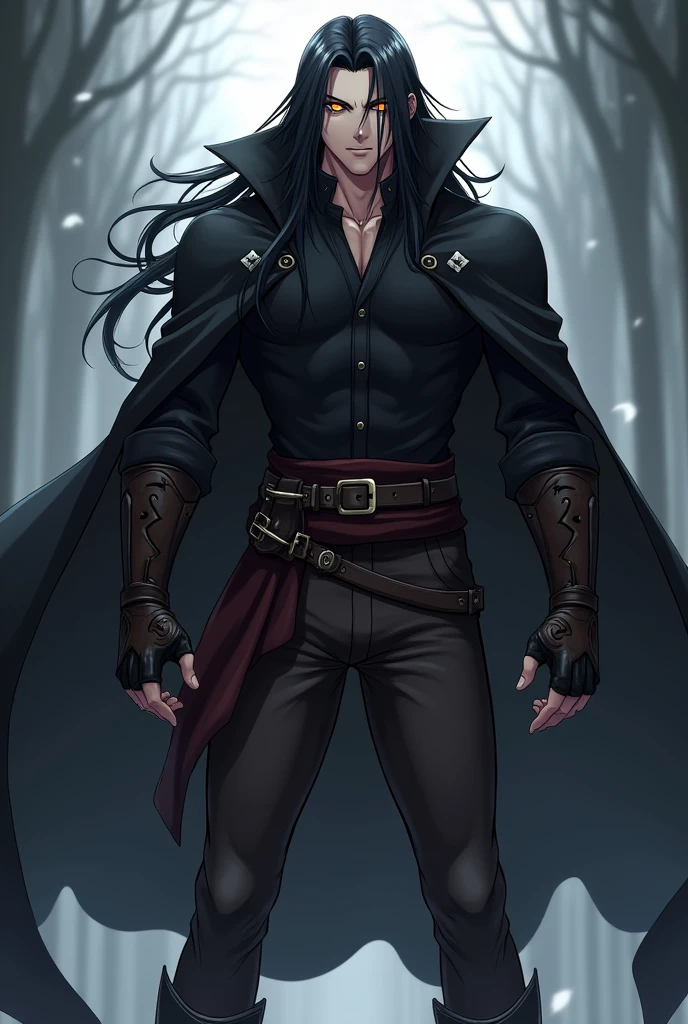 Create an image of a 30 year old anime style male character in a robe, your body is very robust, has long black hair down to her shoulders, the iris of his eyes is orange and his sclera is white, his clothes are a black cloak, black long sleeve blouse with brown leather pieces on the forearms, dark brown leather pants, black medieval leather boots, and wears black leather gloves with the fingers out and has a cold and sadistic look