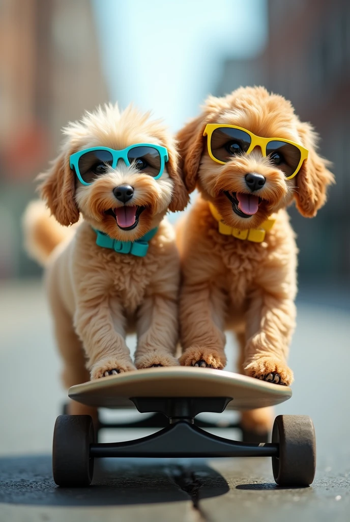 best quality, photo accuracy, two labradoodles, one with light golden fur and turquoise blue collar, the second with apricot fur and yellow collar,  both riding a skate-board with sunglasses.