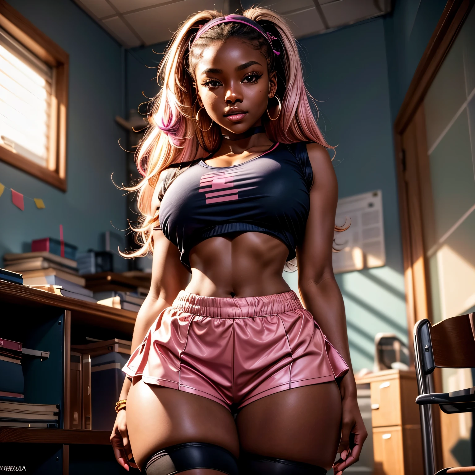 Highest Quality, ​masterpiece, beautifully detailed eyes, (dark skin), Blonde Hair, Gradient Hair, pink highlights in hair, large breasts, wariza, makeup, glossy lips, full lips, classroom, cheerleader, light smile, midriff, collarbone, thigh highs, miniskirt, thick thighs, (large breasts), Masterpiece, high quality, high resolution, volumetric lighting, subsurface scattering, 8k, Beautiful woman, (dark skin), phillipino, college student, uniform, (round-butt), (tight-blouse), (cotton-shorts:1.2), wavy hair, headband, hoope earings, in mad doctor's room, sexy pose, seductive pose,