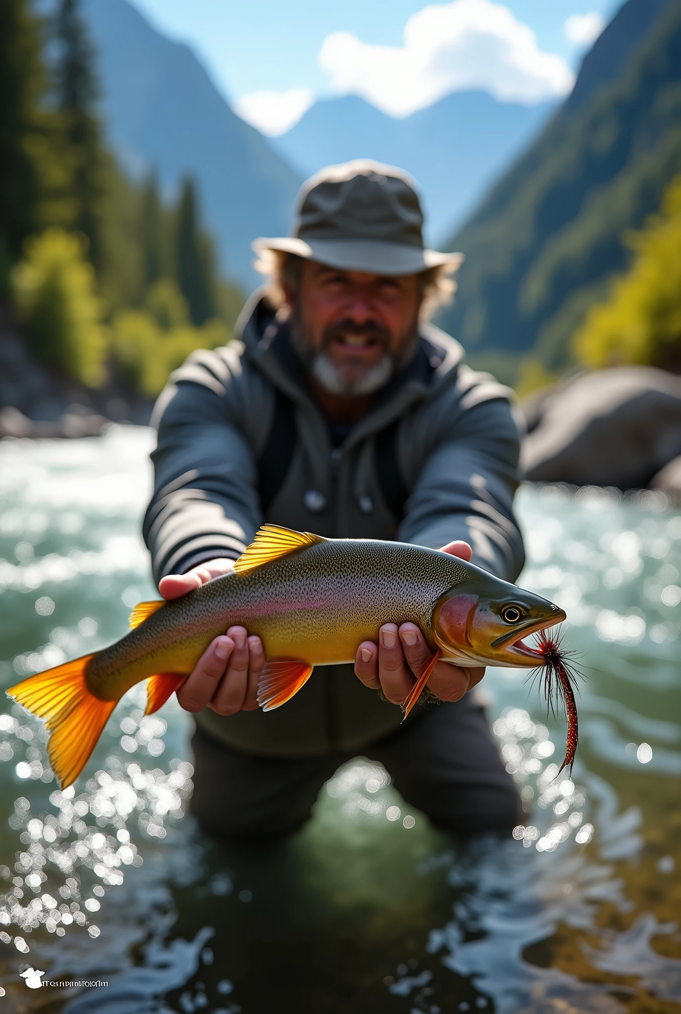 Professional photos, Catching char in a mountain stream with a landing net, A beautiful fly is hanging in its mouth., Fly fishing catch