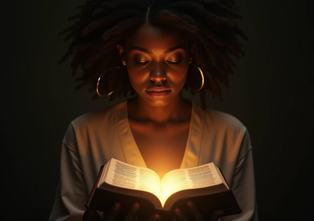 Create a picture showing a black woman with an open Bible pouring light over the text, symbolizing the search for truth. A Man is Reflecting on the Side of the Bible, Demonstrating Introspection about the Faith. best quality, master part, High, 1 dragon,blush, Tyndall effect,Photorealistic, dark studio, rim lighting, two-tone lighting,(highly detailed skin:1.2), 8k hd, DSLR, soft lighting, high quality, volumetric lighting, candid, photography, High resolution, 4K, Bokeh
