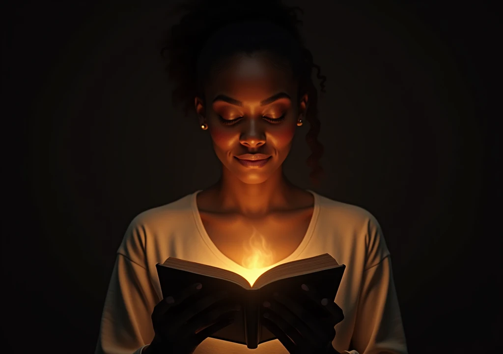 Create a picture showing a black woman with an open Bible pouring light over the text, symbolizing the search for truth. A Man is Reflecting on the Side of the Bible, Demonstrating Introspection about the Faith. best quality, master part, High, 1 dragon,blush, Tyndall effect,Photorealistic, dark studio, rim lighting, two-tone lighting,(highly detailed skin:1.2), 8k hd, DSLR, soft lighting, high quality, volumetric lighting, candid, photography, High resolution, 4K, Bokeh
