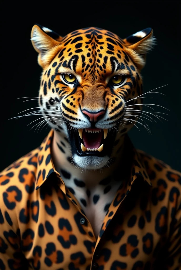 (photorealism:1.2), create a image man waring a leopard shout give face like a leopard and give the background fully dark