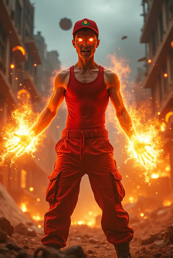 a man real teenage age . 19 Malaysia Indonesia.(orange eyes) Glowing eyes. Anger face. Open mouth. . wearing an (ruby red ) singlet, (ruby red) cap with small logo (flame) logo. anger face . Dramatic. ruby red singlet ,(ruby red)cargo pant,, detailed face, cinematic lighting, dramatic atmosphere,.hot day. vibrant colors, 8k, high quality, photorealistic. Hero suit. fire flame from his hand. Glowing fireblast ember element from hand, ember everywhere . Glowing hand fire , flame patern logo design on pant . Very strong. Future design dress. Very epic. Very hot background.. dark sky. Very strong . fire very strong . Flying burn dry leave everywhere.. fire ball sharp shape power from hand .rasengan . At city. Damage building. Floating small rock everywhere. kamehaha