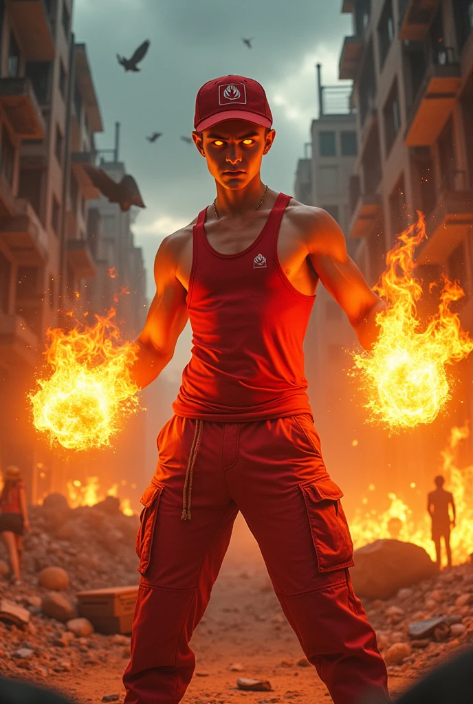 a man real teenage age . 19 Malaysia Indonesia.(orange eyes) Glowing eyes. Anger face. Open mouth. . wearing an (ruby red ) singlet, (ruby red) cap with small logo (flame) logo. anger face . Dramatic. ruby red singlet ,(ruby red)cargo pant,, detailed face, cinematic lighting, dramatic atmosphere,.hot day. vibrant colors, 8k, high quality, photorealistic. Hero suit. fire flame from his hand. Glowing fireblast ember element from hand, ember everywhere . Glowing hand fire , flame patern logo design on pant . Very strong. Future design dress. Very epic. Very hot background.. dark sky. Very strong . fire very strong . Flying burn dry leave everywhere.. fire ball sharp shape power from hand .rasengan . At city. Damage building. Floating small rock everywhere. kamehaha