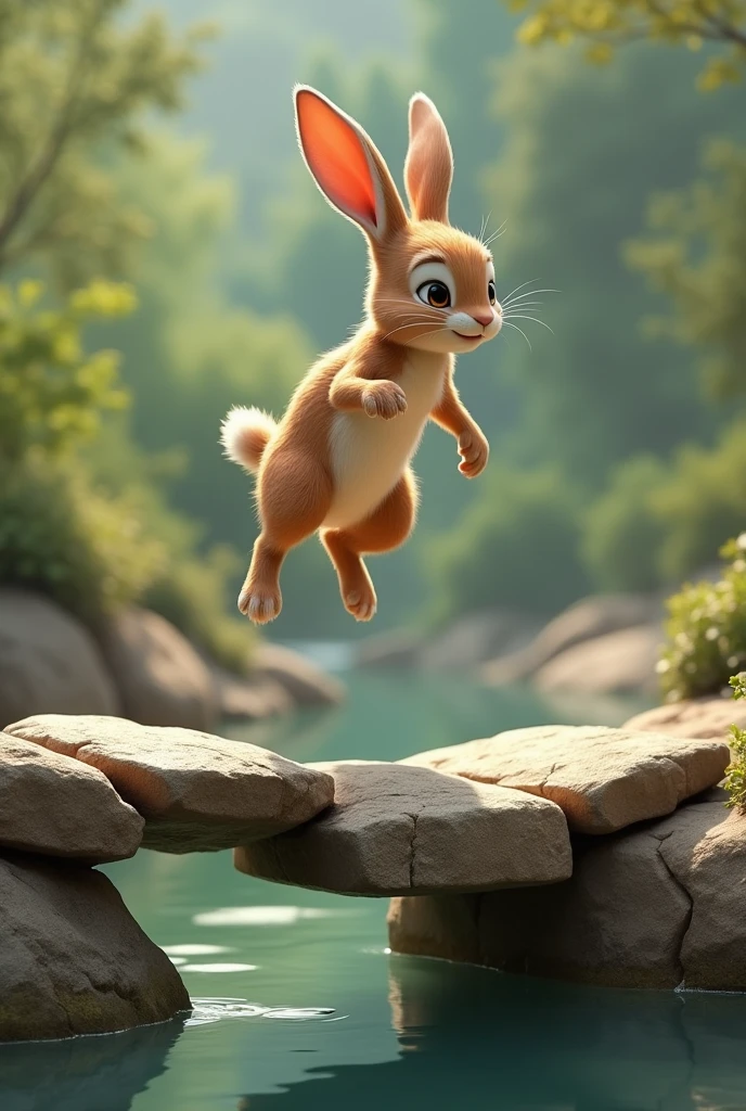 .
4. **Rina Hopping Across**: Capture Rina the Rabbit hopping across the rock bridge with grace and ease. Show her in mid-air, landing lightly on the next rock.
.