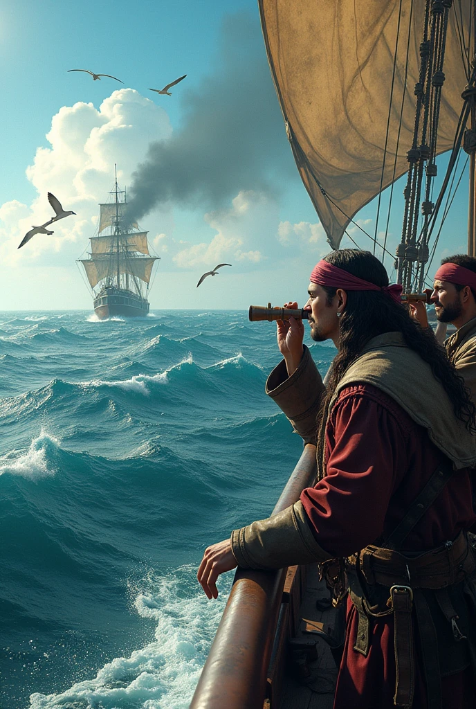 Pirates on the high seas searching for treasure, one pice