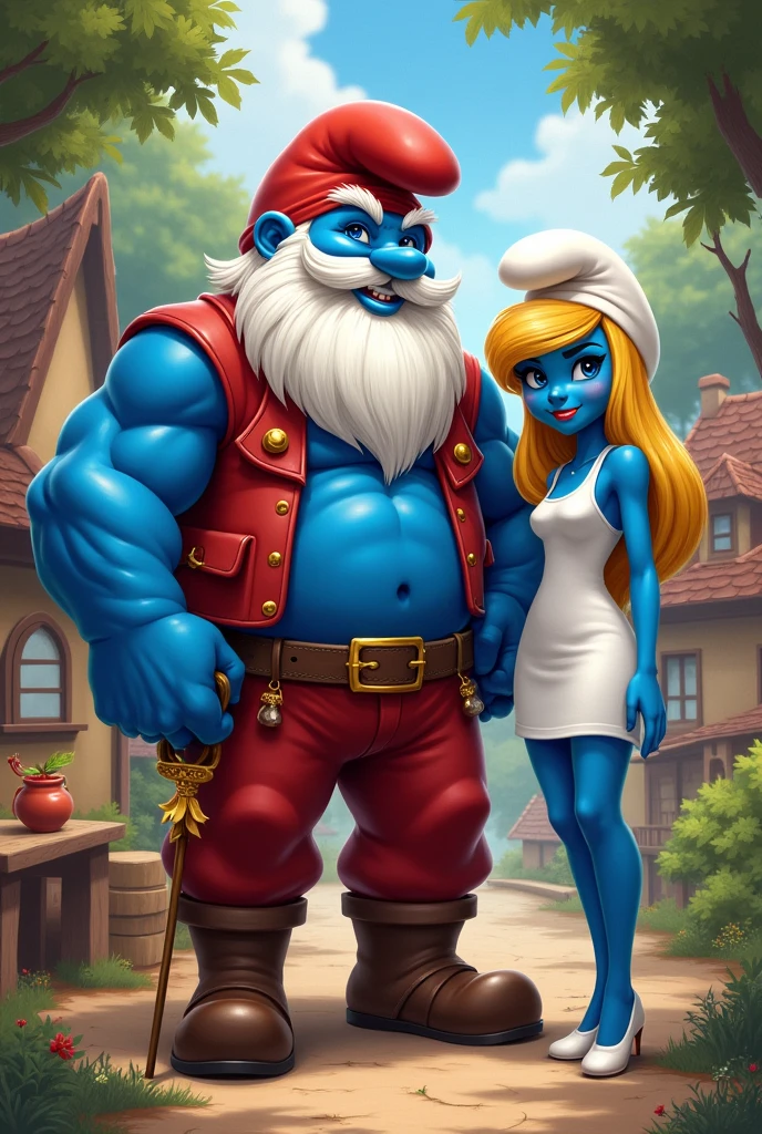 Papa Smurf is depicted as tall, muscular, and strong, with his iconic red hat, a long white beard, and a confident, determined expression. He stands proudly, holding a gold-plated accessory. Smurfette is a tall, blonde woman with striking features, standing next to Papa Smurf, with a peaceful and supportive posture. The background shows the charming Smurfs' village, featuring bright colors and a serene environment. The image should maintain a realistic style, with emphasis on the characters' strength and elegance.
