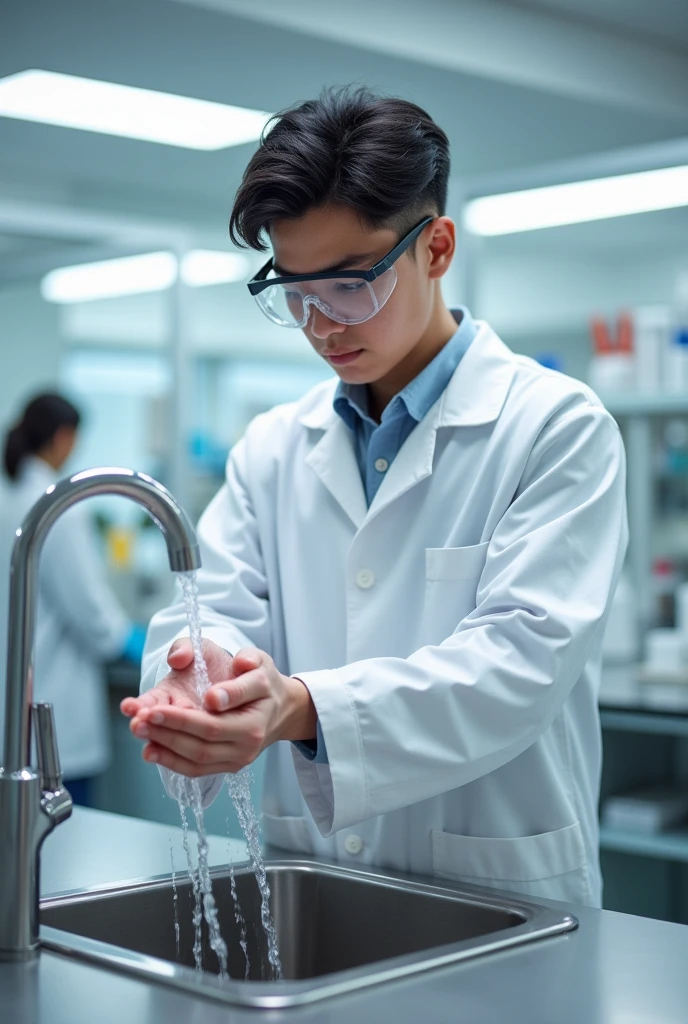 Image of a student in a laboratory washing his hands with soap and water