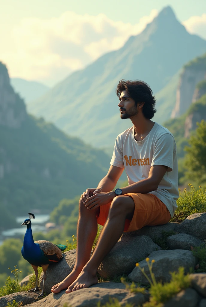 create a 3d image of 23 year old Indian Boy who is sitting next to krishna ji and Krishna ji playing the flute, they both sit together on the mountain, Boy wearing T-shirt Name "NAVEEN" written on it, make sure text shout be misspelled, heaven like beautiful view background, peacock dancing,realistic image and Boy is in barefoot.
