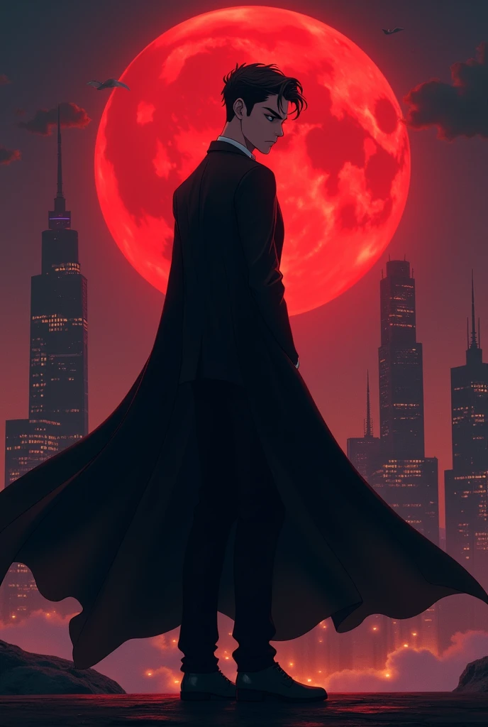 Show me a animated book cover of a vampire young man wearing a fitted black suit and a long cape turning his back into a background featuring a night city with a red moon