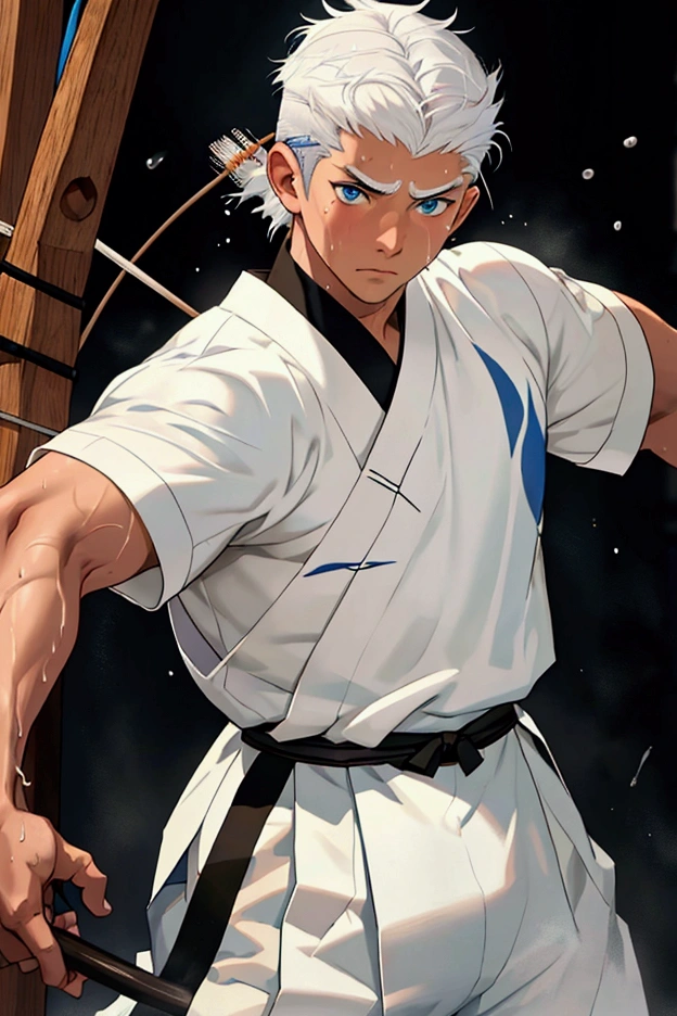 A young, muscular man in his 20s、Blue Eyes、White Hair、Short Hair、Sports haircut、Brown skin、Perfect body、Serious face、Kyudo athlete、Archery dojo、Dripping Sweat、Your body is wet、His kyudo uniform is open