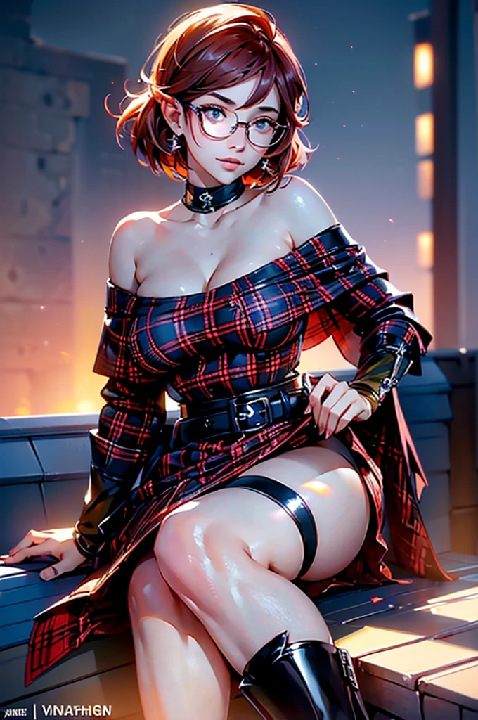 (large breasts 1.4), beautiful elf woman, ((Short Red Hair: 1.6, straight with shine)), bright blue eyes, bright eyes, double eyelids, light effect on eyes, detailed irises, sexy curvy body, ((white off the shoulder top, black and red plaid mini skirt, black high heels)), ((work of art, hyper-realistic, hyper detailed, Best quality, 16k, light and shadow on skin, vivid colors), eyeliner, Thin eyebrows, Sensual expression, perfect pouty lips, innocent and sexy mature face, ((skin with light and shadow) flirting with the viewer, lots of freckles, full lips, lips parted, extreme blush, smile, ((Posing Sensually on rooftop)), fingertip resting on lower lip, late at night, rays of light, masterpiece, wearing glasses