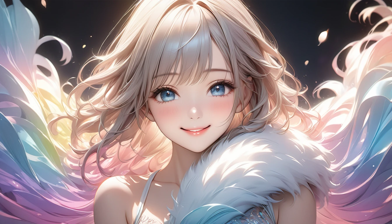Cute beautiful woman, smile, shy, light makeup, great proportion, Gentle background color scheme, Soft, fluffy and calming effect, Shading Effects, Gradient Magic Effect, (Super detailed, The absolute solution, Highest quality:1.3), 2.5D, delicate and dynamic, Artistic photography, Ultra-realistic, Graphics CG Digital Art