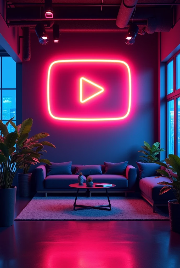 Create YouTube studio background with a modern and slee design. In the center of the background, display the name YouTube in bright neon lights with correct spelling. The neon lights should be in a vibrant color, such as electric blue or neon pink. Surround the neon text with subtle, complementary lighting and decor the enhances the studio aesthetic. The overall ambiance should be stylish, professional and inviting perfect for a YouTube content creators studio