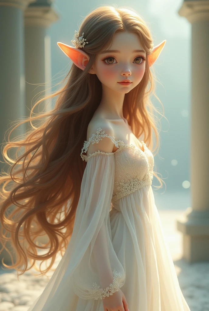 Sweet elf with brown long smooth hair. White dress. whole body. elf ears