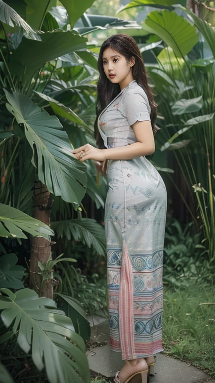 Burmese girl with attractive curvy full body. Friends full-length bikini,((big ass, high hips)) (green+black 🖤 dress) reflective long dress painted with flower patterns, only dress. hi gh hips High resolution High resolution natural background High resolution HD 3D, 8K cartoon anime