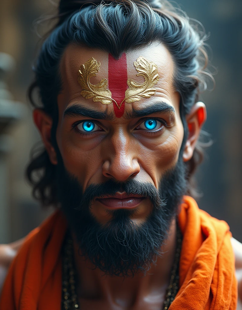 Lord Hanuman blue eyes image. Not light blue eyes. One tell and background of Shree Ram 