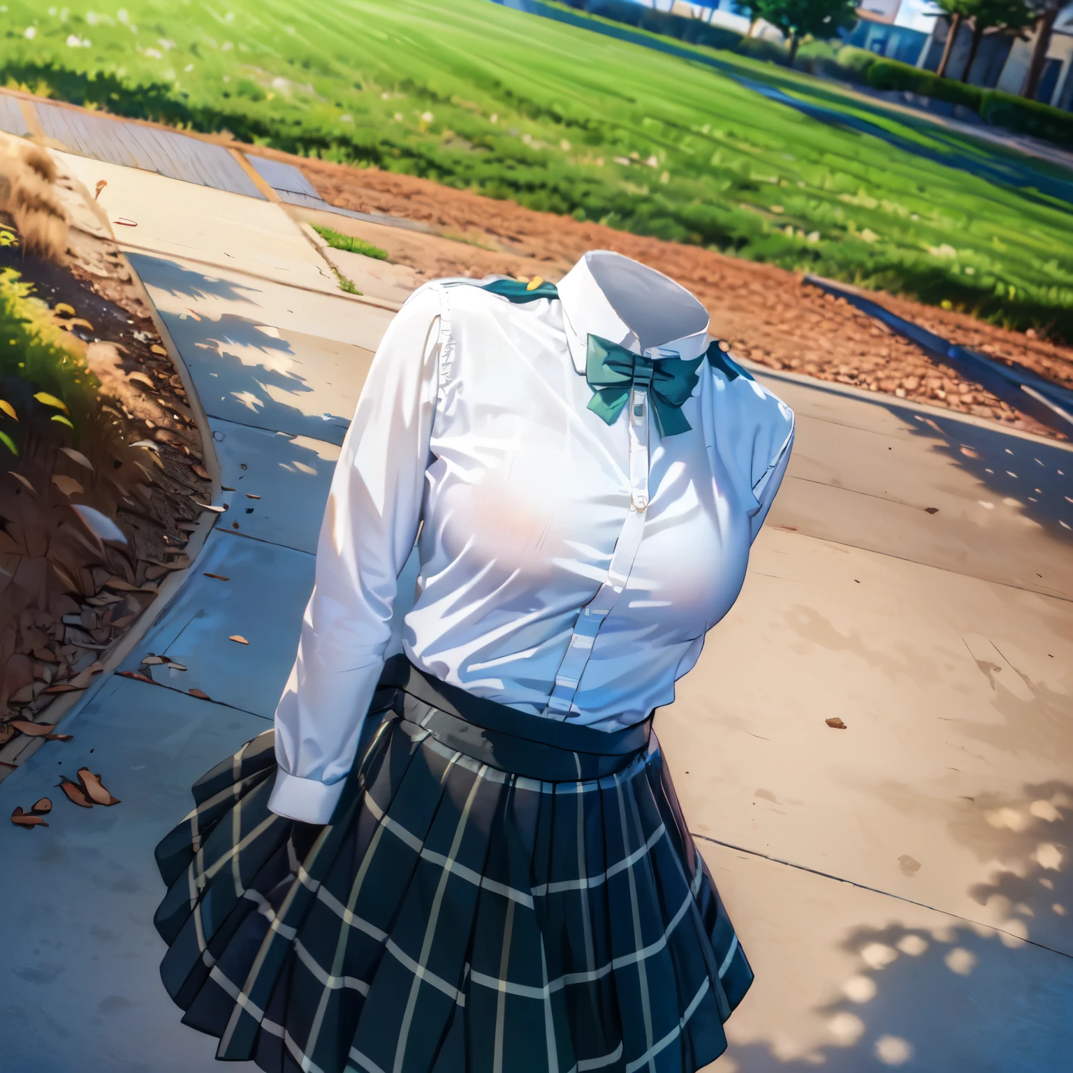 (invisible, no humans, headless, handless, legless:1.5), (cute big breast), (masterpiece, best quality:1.2),cowboy shot,upper body,school_uniform,bowtie,green_bow,green_bowtie,skirt,short_sleeves,pleated_skirt,kneehighs,plaid_skirt,green_skirt, 
(8k, RAW photo, best quality, masterpiece:1.2), (realistic, photo-realistic:1.37),photon mapping, radiosity, ((Hasselblad photography)),physically-based rendering