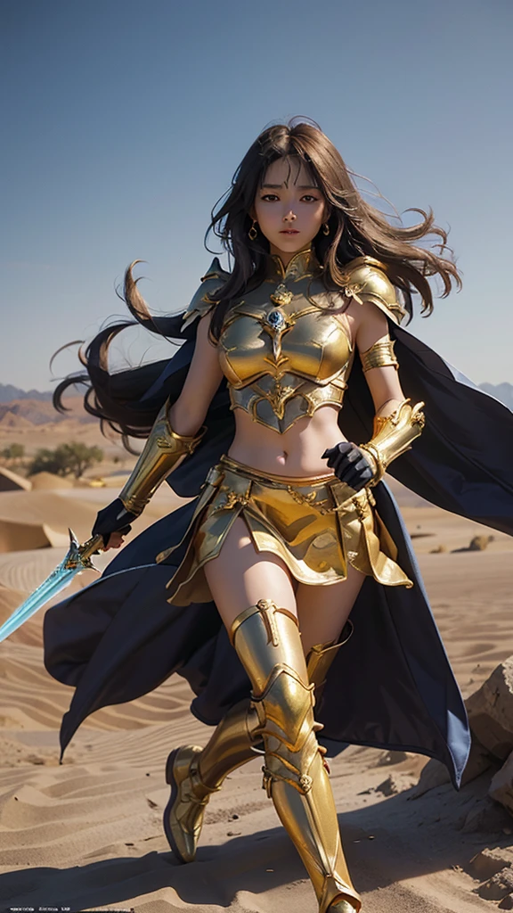 1girl, solo, saint seiya_custome, superhero, gold armor, gold dress, beautiful princess, belly, are on the battlefield, gold sword, gold skirt, running, background in the desert of war