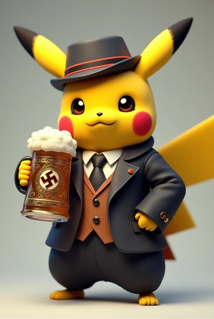 Pikachu avec un chapeau et un costume 3 pièce , une bière dans la main et le logo de la bière est un symbole communiste 