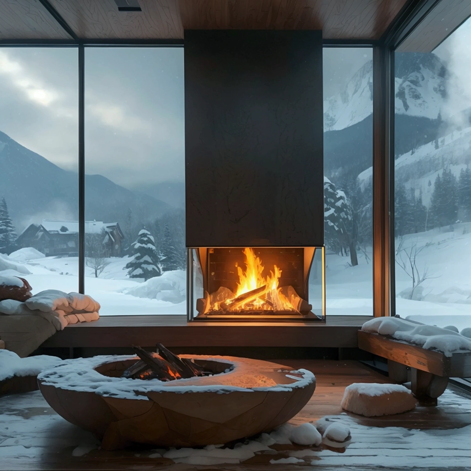 A fire is burning in the fireplace。Snowy Mountain Lodge。Behind the fireplace is a large glass window.、It&#39;s snowing。