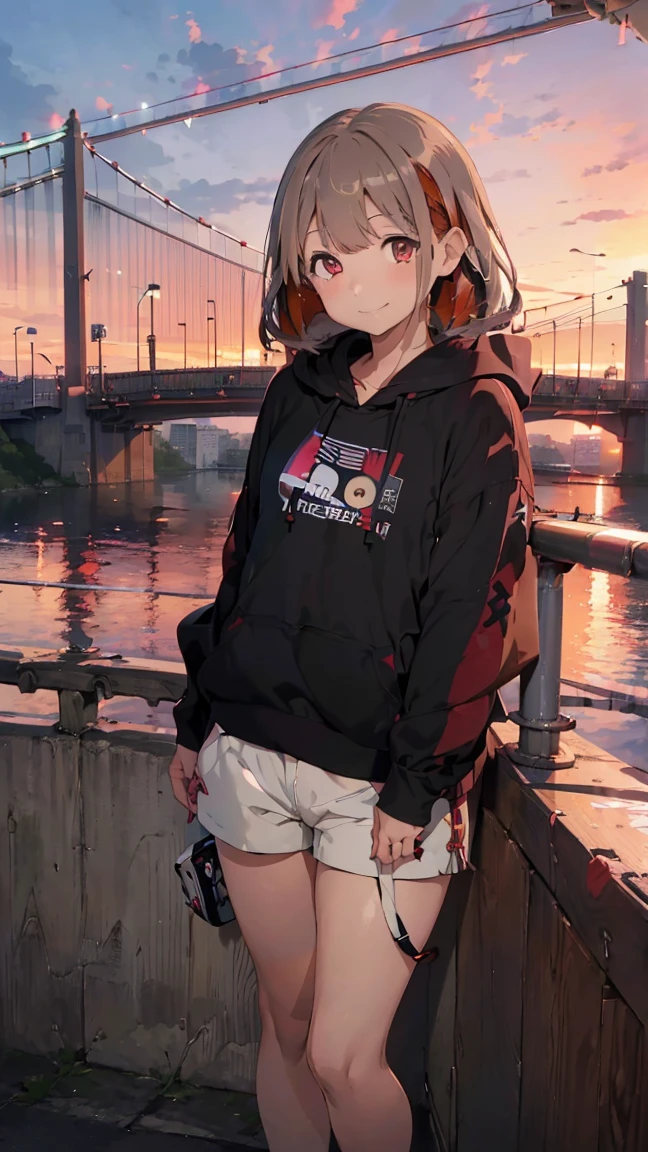 masterpiece, Highest quality, High resolution, Very detailed,(((Asahi Serizawa))), (((smile)))、(((Standing in the distance))), (((Streetscape))), (((On Bridge))), (((Red railing))), (((Wearing a black hoodie。))), (((hot pants))), (((Multicolored Hair))), (((horn))), (((Pink Eyes)))