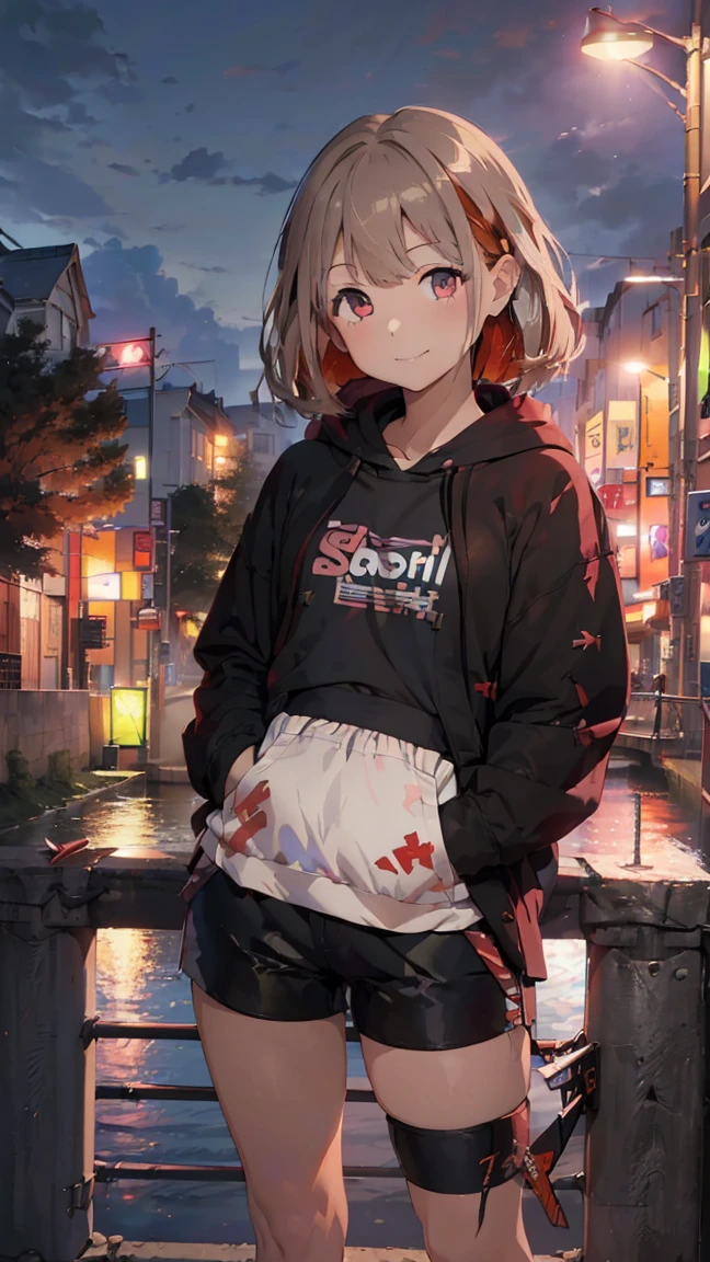 masterpiece, Highest quality, High resolution, Very detailed,(((Asahi Serizawa))), (((smile)))、(((Standing in the distance))), (((Streetscape))), (((On Bridge))), (((Red railing))), (((Wearing a black hoodie。))), (((hot pants))), (((Multicolored Hair))), (((horn))), (((Pink Eyes)))