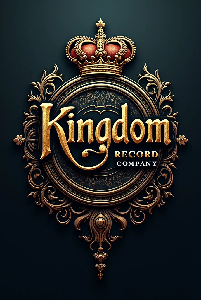 Create a name logo "kingdom record company" but with things that resemble engraving and engraving colors and also things that resemble kingdom(written in Portuguese)