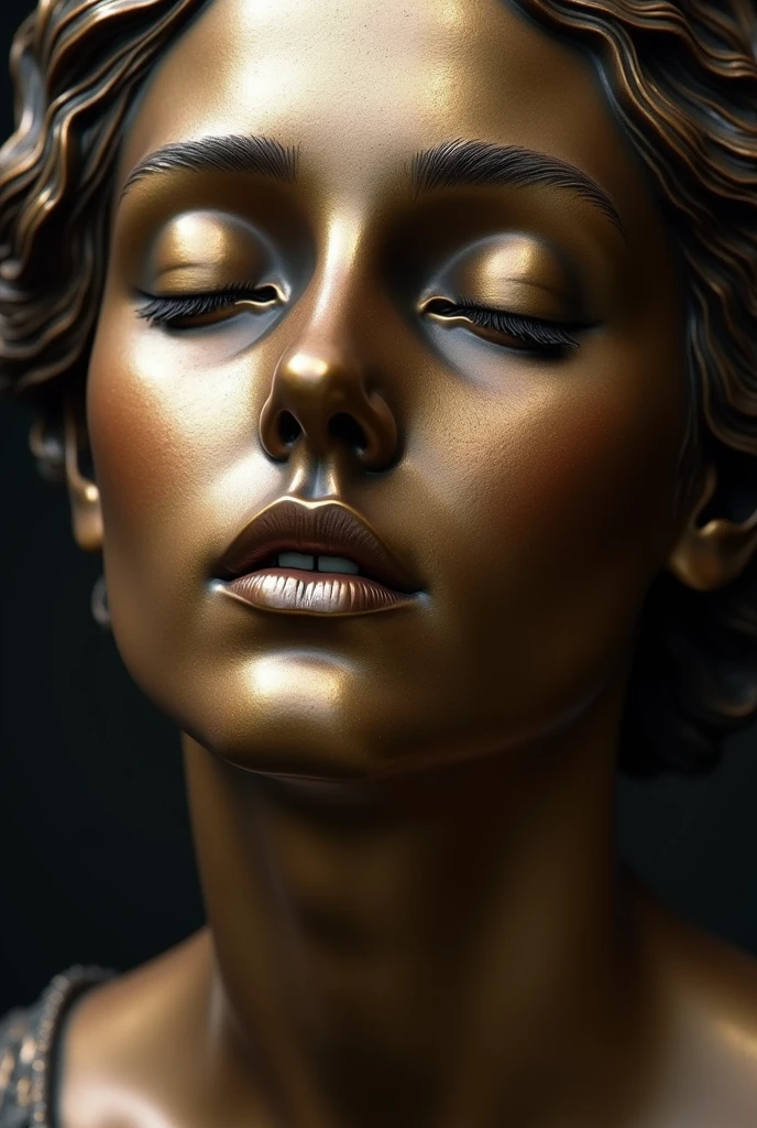 the face of a muse with closed eyes, hyperrealistic bronze sculpture