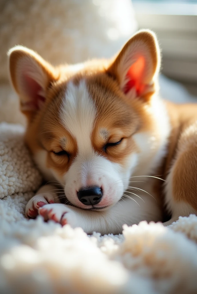 This image depicts a small, adorable puppy sleeping on its back on a fluffy cloud with its eyes closed. The puppy has its little paws up in the air and looks calm and content. It is sleeping with its eyes closed. The lighting is soft and warm, highlighting the puppy's fur and the soothing texture of the cloud. The breed is a Shiba Inu. The background is a night sky with the moon.