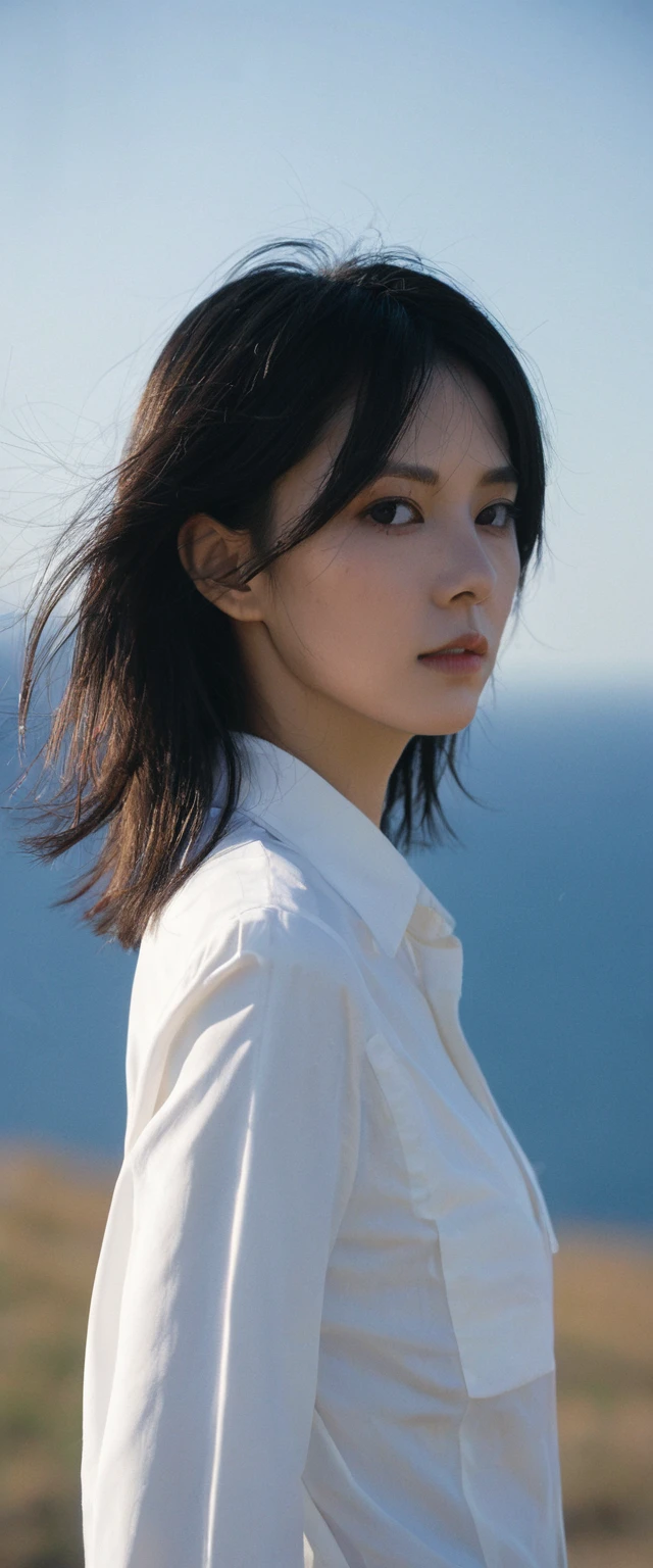xxmixgirl, 1girl, solo, blurry background, black hair, sexy side_breasts,outdoors, light on face, blurry, black eyes, upper body, lips, day, sky, realistic, blue sky, shirt, white shirt, short hair, jacket, closed mouth, looking to the side, Zhenxin