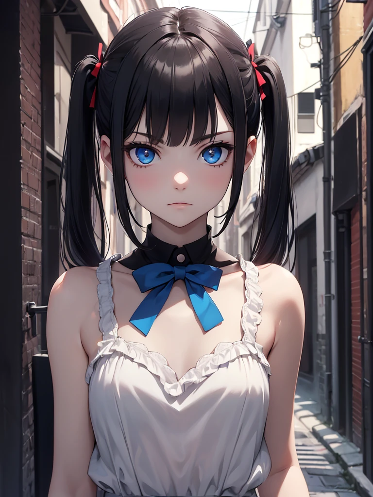 (8K, Best Quality, Masterpiece, Ultra High Resolution) Single Person, 1 Girl, Young, Cute Eyes, Face Details, Pale Skin, Slender, Short, Flat Chest, Dark Black Hair, Long Hair, Pigtails, Blue Eyes, Hair Bow, Dark Alleyway, Best Quality, Upper Body, Looking at the Viewer, Facing Viewer, Close Up