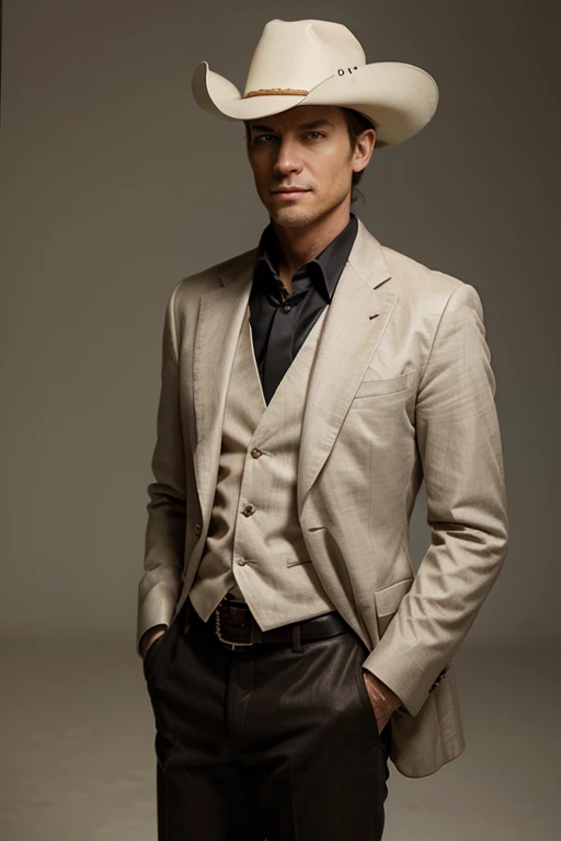 generate a picture of a rich western american wearing a semi-formal attire for an event with a minimal background ((whole body))