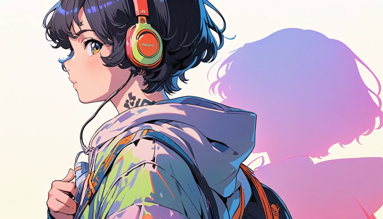 (extremely detailed CG unity 8k wallpaper), (best quality), (best illustration), (best shadow), realistic lighting, beautiful detailed reglow, masterpiece, best quality, lofi artstyle, lofi art, 80s anime style, Retro, Lofi, solo, looking at viewer, short hair, simple background, black hair, long sleeves, 1boy, white background, hair between eyes, jewelry, upper body, male focus, hood, bag, from side, hoodie, tattoo, profile, piercing, backpack, hood down, cross, neck tattoo, Using headphone, headphone, eyes closed