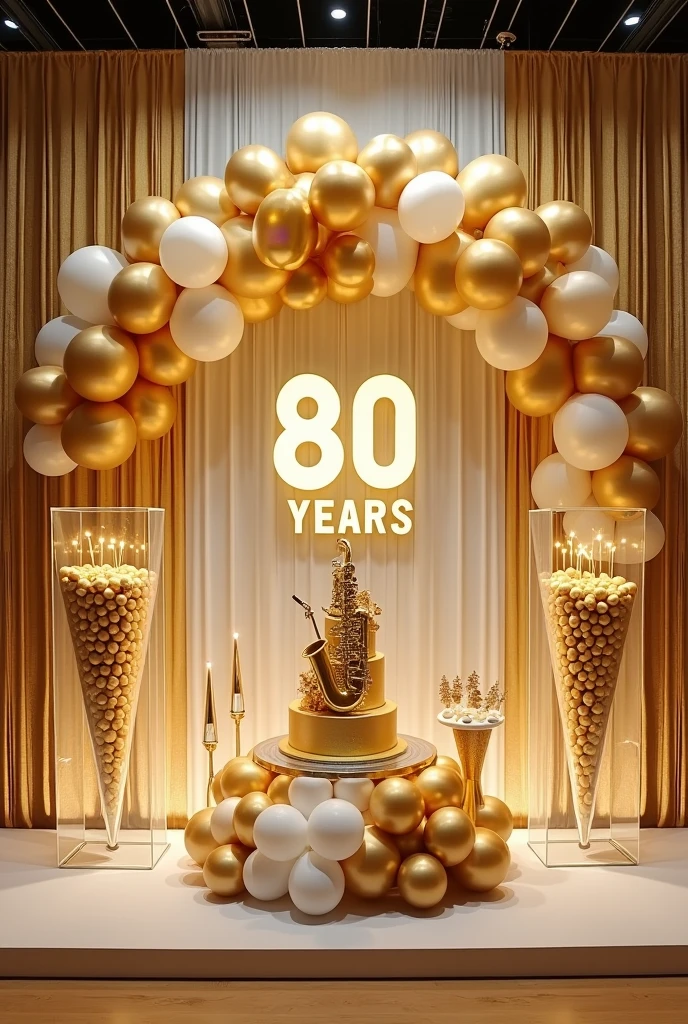 Large event venue wall decoration for an 80-year-old man's birthday in gold and white, including separate transparent cones like glass boxes filled with golden balloons, on the cones the little bites like empanadas, cupcakes, Additional alfajores is a 3-story golden saxophone-themed cake that must be on a glass box with a balloon base, Also add lights on the wall in the form of a waterfall curtain, balloons as an arch on the left side with large numbers that say 80 years in the center that says happy birthday dad she with LED lights and that it is an equality between white and gold