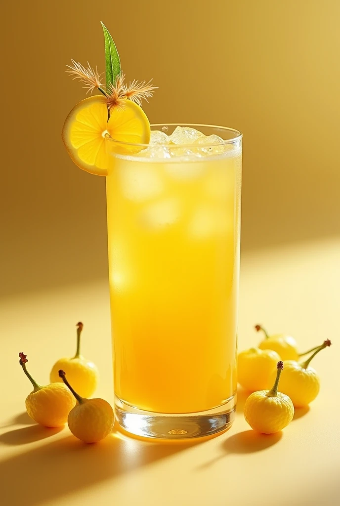 (photorealism:1.2), yellow cocktail, decorated with cape gooseberries,image in rectangular format
